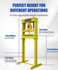 Badass 20 Ton Hydraulic Shop Press Hella Sturdy H Frame Build With Slick Adjustable Work Table And Smooth Acting Ram For Tough Garage Automotive Fixes In Bright Yellow Paint, showing adjustable height worktable and measurements.