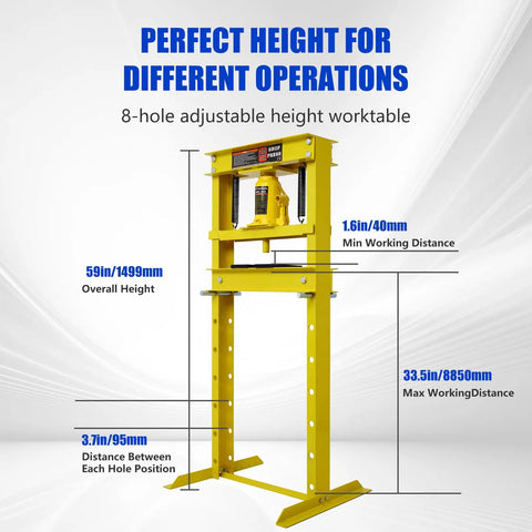 Badass 20 Ton Hydraulic Shop Press Hella Sturdy H Frame Build With Slick Adjustable Work Table And Smooth Acting Ram For Tough Garage Automotive Fixes In Bright Yellow Paint, showing adjustable height worktable and measurements.