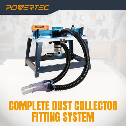 Router Table Dust Collection Fittings Kit With Y Fittings And Hoses For An Air Tight Seal And Universal Fit installed on table
