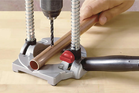 Richelieu R77229 drill guide attachment in silver, installed on base for 1/4 in. and 3/8 in. drills