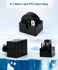 Black 4.7 Ohm 1-pin PTC start relay from 4 Pack Fridge Starter Relay And Overload Protector Kit For LG Refrigeration on icy backdrop.