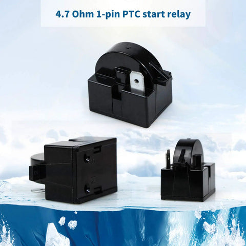 Black 4.7 Ohm 1-pin PTC start relay from 4 Pack Fridge Starter Relay And Overload Protector Kit For LG Refrigeration on icy backdrop.