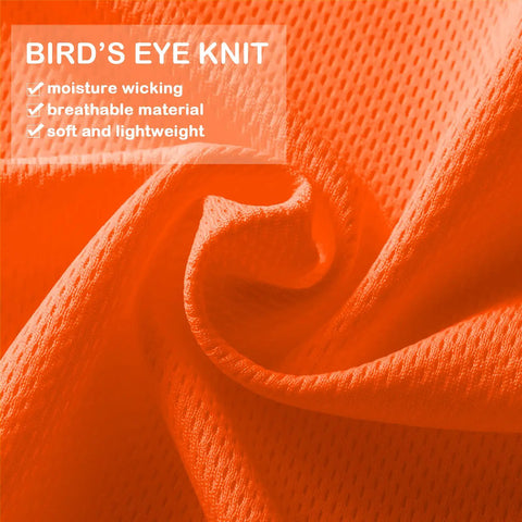 Close-up of fluorescent orange moisture-wicking bird's eye knit fabric used in Six Pack High Visibility Long Sleeve Safety T Shirts For Work Men XL