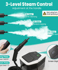 3-level steam control adjustment on Supercharged Portable Handheld Steam Cleaner with screen display and three steam output levels.