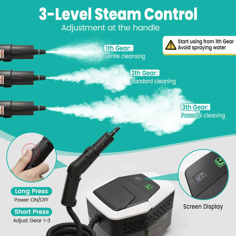 3-level steam control adjustment on Supercharged Portable Handheld Steam Cleaner with screen display and three steam output levels.