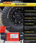 Heavy Duty 12V Car Air Compressor Pump Delivers A Blazing 150 PSI Blast with features showing tire pressure test and emergency inflating.