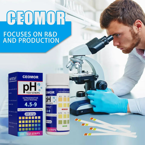 Daily PH Test Strips for Urine and Saliva 200 Strips to Track Your Body Acidic and Alkaline Balance Easy Litmus Paper next to microscope