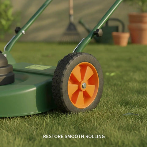 Heavy Duty Orange Solid Rubber Caster Wheel 7 Inch Non Pneumatic Replacement For Lawn Mower And Grill Base That Rolls Smooth Over Pavement Or Grass Without The Flat Tire Hassle Or Annoying Maintenance Work Required