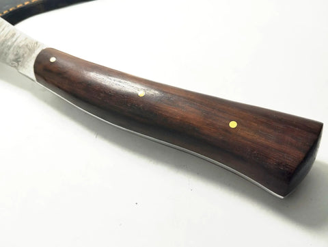 Hand Crafted Damascus Steel Sickle Knife With Full Tang And Stabilized Rosewood Handle grip detail for EDC garden work