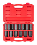 Half Inch Drive Deep 6 Point Impact Socket Set With Case, 14-Piece, Metric 25-38 Mm, in red storage case, top view