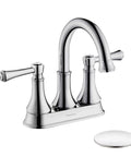 Chrome 4 Inch Centerset Bathroom Faucet with two handles for 3 holes and pop up drain, slick high arc vanity tap, brass swivel spout