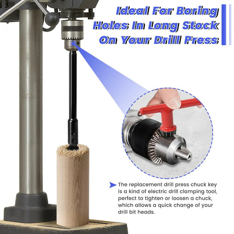 Heavy Duty Forstner Bit Extension Set Delivers Badass Depth To Every Woodshop Project Through Killer Reach And Glide Like Butter Handling Plus Twin Wrenches For Zero Stress Access In Cramped Areas, showing drill press and wood.
