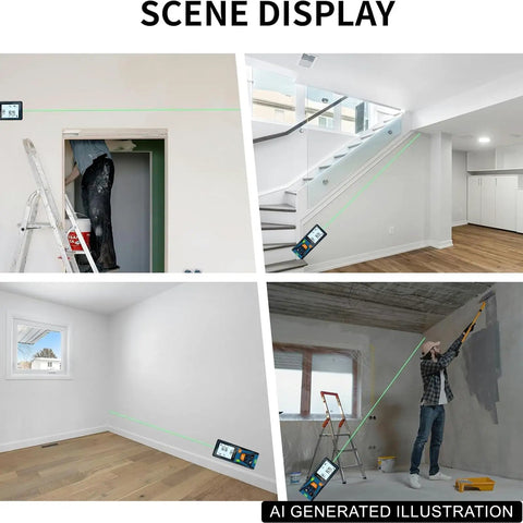 Handy Laser Distance Measure With Backlit LCD And Bubble Levels Enhanced Bright 393 Ft Range Fast 0.5 Second Readouts High Accuracy Plus Red And Green Beam Options Stores 30 History Records For Quick Project Tracking in room renovation scenes