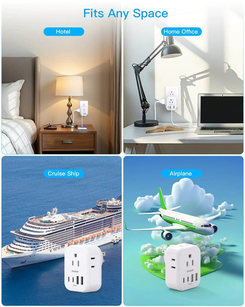 Compact Cube Power Strip With Three USB Ports And USB C Non Surge Protector Outlet Extender Without Extension Cord in various settings