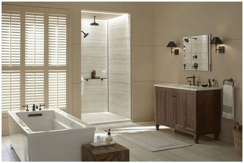Modern bathroom with Artifacts Transfer Valve Trim With Lever Handle Polished Chrome KT72770 4 CP ADA Compliant in shower area.