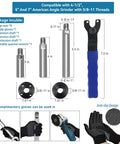 Versatile Angle Grinder Attachments Kit With 3, 4 And 5.5 Inch Extension Rods 14 Piece Set Featuring 5/8-11 Thread Includes Grinder Wrench 8 Flange Nuts Anti Slip Gloves For Standard American Grinders displayed with rods, wrench, flange nuts, and gloves.