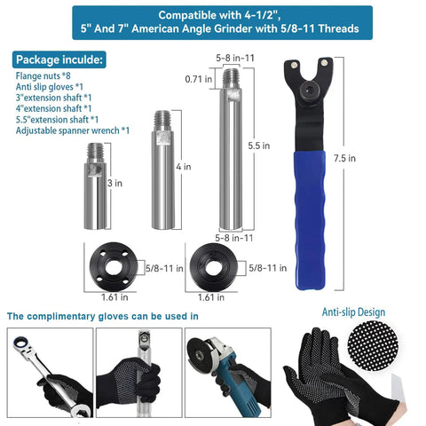 Versatile Angle Grinder Attachments Kit With 3, 4 And 5.5 Inch Extension Rods 14 Piece Set Featuring 5/8-11 Thread Includes Grinder Wrench 8 Flange Nuts Anti Slip Gloves For Standard American Grinders displayed with rods, wrench, flange nuts, and gloves.