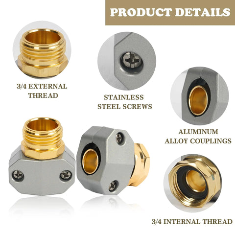 Garden Hose Repair Kit With Aluminum Fittings, 3/4 inch external and internal thread details, stainless steel screws, alloy couplings