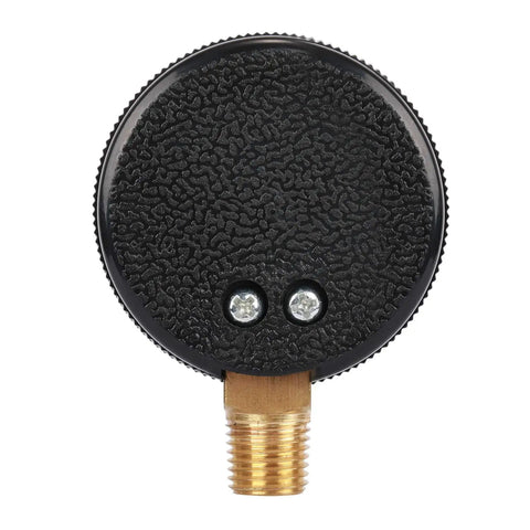 Back view of Beefy 2 Inch Pool Pressure Gauge with black plastic case and brass lower mount fitting