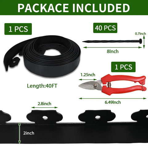 No Dig Lawn Edging Kit 40 Ft Landscape Border With Stakes For Lawn Garden Flower Beds Grass Path Edging Durable Flexible PE Material Frost Resistant Spikes Keeps Your Yard In Line Easy Install Black kit contents