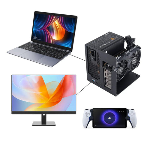 Kickass External Egpu Dock Leveraging Dual Thunderbolt 4 And Usb4 Connections To Hella Amp Up Laptop Graphics While Effortlessly Pumping Out 85 Watt Pd Power Delivery setup showing laptop, eGPU dock, monitor, and gaming controller