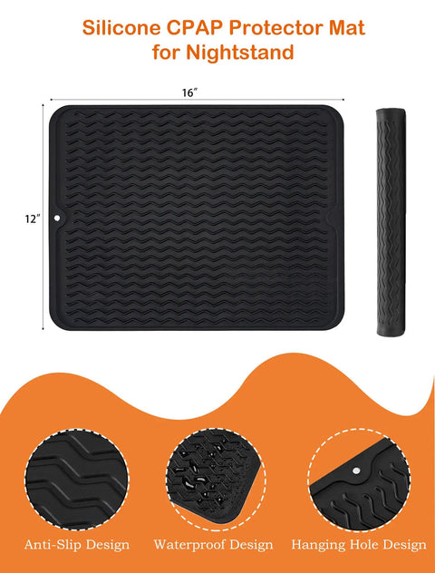 CPAP Protector Mat And Dust Cover Set With 2 Hose Plugs Waterproof Nightstand Pad shown with dimensions and textured surface design.
