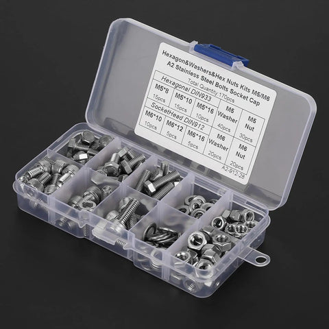 170 Pcs Stainless Steel M5 And M6 Hex Socket Head Cap Screws Kit With Washers And Nuts in storage box