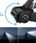 Rechargeable 4000 Lumen Headlamp For Grownups Super Bright LED Headlight With Six Modes And 160 Degree Adjustable Beam Perfect For Night Work Outdoor Adventures And Hard Hat Use shown adjusting beam with 180° tilt and illuminating runner at night.