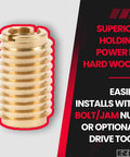 Knife Threaded Wood Insert With Brass Threads, 1/4-20 Internal Threads, 0.75 Inch Length, close-up view for hard-wood use