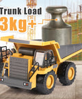 Remote Control Dump Truck Toy With Metal Bed And Lights And Sounds, holding 3kg weight, demonstrating durability and capacity.