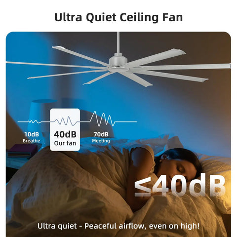 96 Inch Large Industrial Ceiling Fan With DC Motor And Remote Control For Warehouse Garage Gym Shop 6 Speed Silver No Light Aluminum Blades Reversible Airflow For Warm Or Cool Regions Heavy Duty Quiet Operation Beast Of A Fan showcased in a quiet bedroom setting