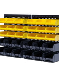 Wall Mounted Storage Bins For Garage Organizer 30 Piece Plastic Tool Bins in black and yellow for screws, nuts, bolts.