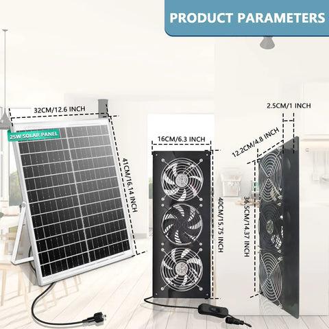Dimensions of Solar Exhaust Fan Kit With 25W Solar Panel And Three Vent Fans Workhorse For Shed Chicken Coop Attic And Greenhouse.