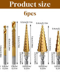 Six Piece Step Drill Bit Set Titanium Coated High Speed Steel Drill Bits For Wood Plastic Aluminum And Thin Metal Sheets Includes 5 Step 4mm To 12mm 9 Step 4mm To 20mm 10 Step 4mm To 20mm And 3 Twist Bits 3mm 6mm 8mm For DIYers Pro Builders
