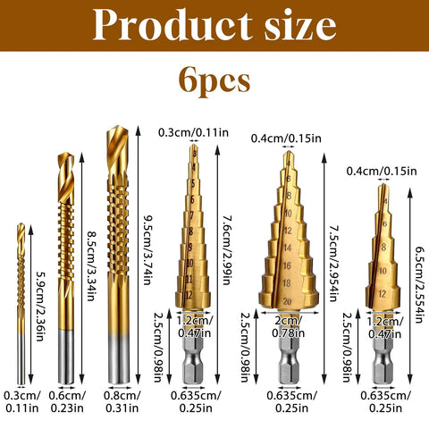 Six Piece Step Drill Bit Set Titanium Coated High Speed Steel Drill Bits For Wood Plastic Aluminum And Thin Metal Sheets Includes 5 Step 4mm To 12mm 9 Step 4mm To 20mm 10 Step 4mm To 20mm And 3 Twist Bits 3mm 6mm 8mm For DIYers Pro Builders