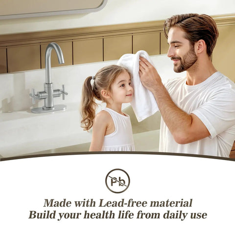 Father drying daughter's face near Brushed Nickel Vanity Faucet With 4 Inch Centerset Or Single Hole Setup, Swivel Spout, Pop Up Drain, Deck Plate, Water Supply Lines, Easy Install SGF03-10-BN in a modern bathroom.