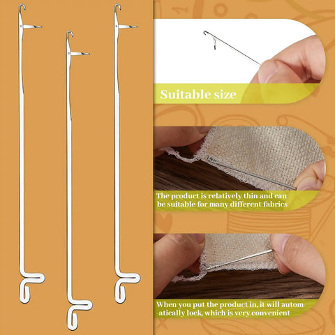 Three stainless steel serging hooks displayed beside hands using a hook for threading through fabric. Six Piece Stainless Steel Serging Hooks Latch Crochet Hooks Set For DIY Weave Knitting Snag Repair Tool Kit Beginner Friendly Threading Beads Jewelry Making And Beadwork Craft Supplies