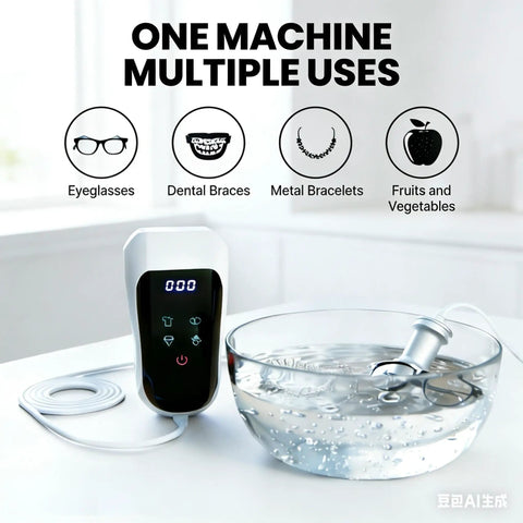 Portable Ultrasonic Cleaning Wand Featuring 60khz Sonic Cavitation Technology for Jewelry Glasses Watches and Dentures fits any sink with water.