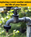 Outdoor spigot with running water, illustrating usage for 114 Piece Faucet Washer Kit With 12 Sizes Of Flat And Beveled Rubber Washers And Brass Bibb Screws For Outdoor Spigot Hose Bib Garden Valve Repair And Replacement.