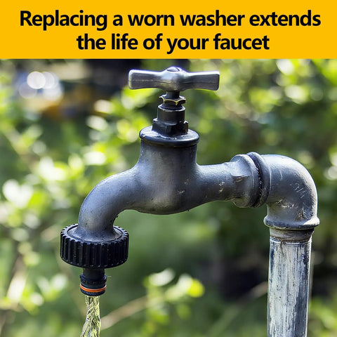 Outdoor spigot with running water, illustrating usage for 114 Piece Faucet Washer Kit With 12 Sizes Of Flat And Beveled Rubber Washers And Brass Bibb Screws For Outdoor Spigot Hose Bib Garden Valve Repair And Replacement.