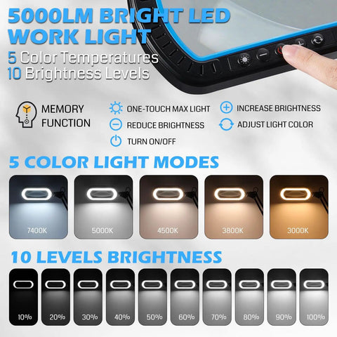 Close-up of 12X Magnifying Glass With Light And Clamp, featuring LED light modes and brightness levels, showing memory function controls.