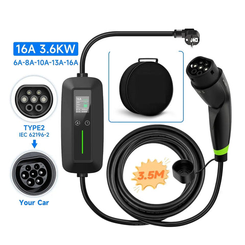 Portable EV Charger Type 2 To Type 1 Cable IEC 62196 2 SAE J1772 Adapter 3.6Kw 16A with carrying case and display.