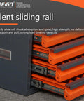 Drill Bit Dispenser Cabinet Four Drawer Stackable Organizer with heavy duty sliding rails shown in orange and gray close-up.
