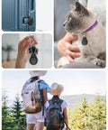 Collage of 4 Pack Waterproof AirTag Holder Anti Theft Case With Braided Steel Cable on luggage, cat collar, keys, and backpacks.
