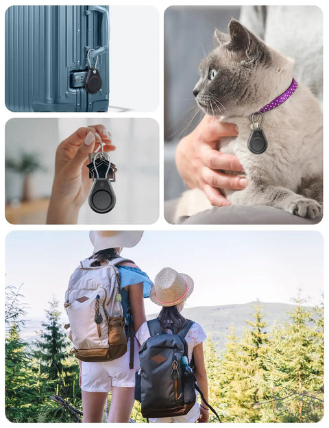 Collage of 4 Pack Waterproof AirTag Holder Anti Theft Case With Braided Steel Cable on luggage, cat collar, keys, and backpacks.