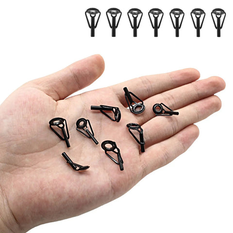 8 Piece Fishing Rod Tip Repair Kit With Stainless Steel Frame And Wear Resistant Ceramic Rings For Quick Fixes And Long Lasting Durability Includes Sizes 1.8x6 2.0x6 2.2x6 1.8x8 2.0x8 2.2x8 2.4x8 2.6x8, shown in hand