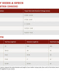 SnapStow sizes and specs chart showing torque tube diameters and tube lengths for Space Saving Hidden Torque Tube Tool Tray Organizer.