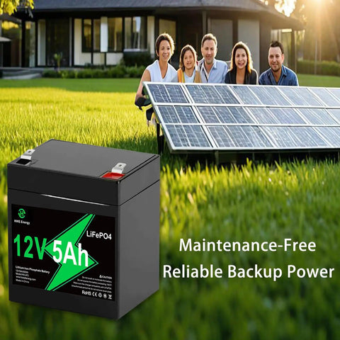12V 5Ah Rechargeable LiFePO4 Battery Replacement For Garage Door Openers And Home Security Systems next to solar panels