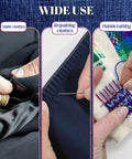 Three close-up images showing hand sewing, fabric mending, and embroidery using 37 Piece Big Eye Stainless Steel Sewing Needles Kit For Handy Hand Sewing And Leather Repairs Portable Large Eye Needle Set With Durable Steel Needles For DIY Projects And Daily Use.