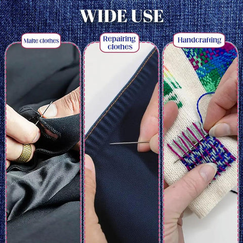 Three close-up images showing hand sewing, fabric mending, and embroidery using 37 Piece Big Eye Stainless Steel Sewing Needles Kit For Handy Hand Sewing And Leather Repairs Portable Large Eye Needle Set With Durable Steel Needles For DIY Projects And Daily Use.